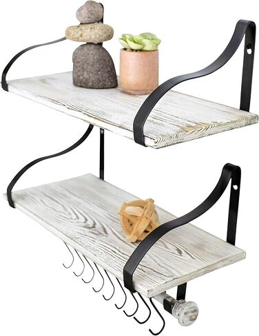 Wall Mounted Floating Spice Shelves with Towel Bar and Removable Hooks, Solid Wood, Rustic Shelving Storage, for Kitchens, Bathrooms and More, Farmhouse Wall Décor, 16.75" Long x 7.5" (White Washed) in Kuwait