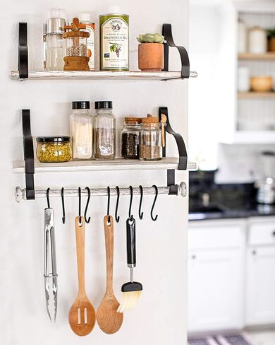 Wall Mounted Floating Spice Shelves with Towel Bar and Removable Hooks, Solid Wood, Rustic Shelving Storage, for Kitchens, Bathrooms and More, Farmhouse Wall Décor, 16.75" Long x 7.5" (White Washed) in Kuwait