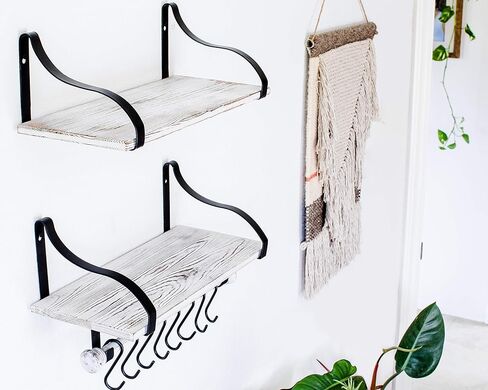 Wall Mounted Floating Spice Shelves with Towel Bar and Removable Hooks, Solid Wood, Rustic Shelving Storage, for Kitchens, Bathrooms and More, Farmhouse Wall Décor, 16.75" Long x 7.5" (White Washed) in Kuwait