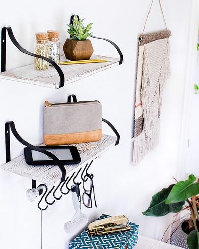 Wall Mounted Floating Spice Shelves with Towel Bar and Removable Hooks, Solid Wood, Rustic Shelving Storage, for Kitchens, Bathrooms and More, Farmhouse Wall Décor, 16.75" Long x 7.5" (White Washed) in Kuwait