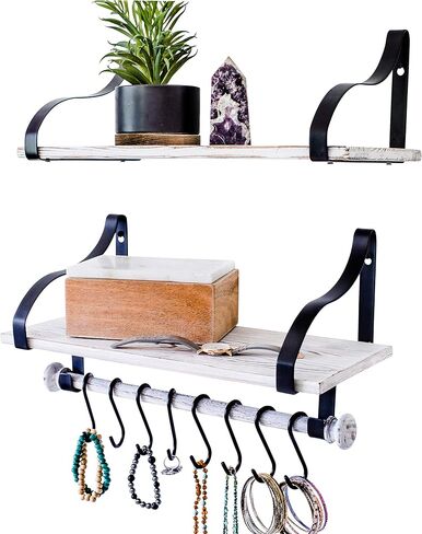 Wall Mounted Floating Spice Shelves with Towel Bar and Removable Hooks, Solid Wood, Rustic Shelving Storage, for Kitchens, Bathrooms and More, Farmhouse Wall Décor, 16.75" Long x 7.5" (White Washed) in Kuwait