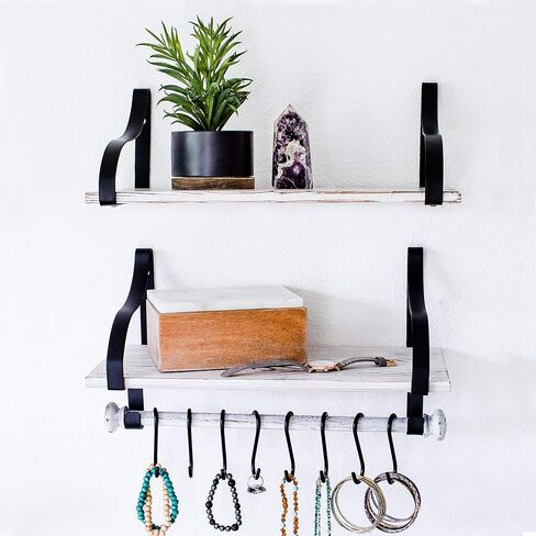 Wall Mounted Floating Spice Shelves with Towel Bar and Removable Hooks, Solid Wood, Rustic Shelving Storage, for Kitchens, Bathrooms and More, Farmhouse Wall Décor, 16.75" Long x 7.5" (White Washed) in Kuwait