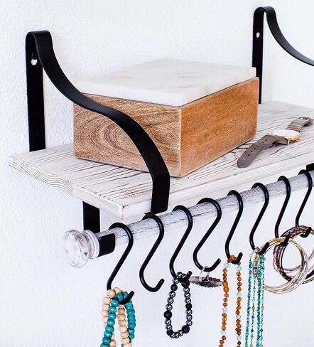 Wall Mounted Floating Spice Shelves with Towel Bar and Removable Hooks, Solid Wood, Rustic Shelving Storage, for Kitchens, Bathrooms and More, Farmhouse Wall Décor, 16.75" Long x 7.5" (White Washed) in Kuwait