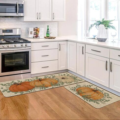 Artoid Mode Pumpkin Eucalyptus Fall Kitchen Mats Set of 2, Home Decor Low-Profile Kitchen Rugs for Floor - 17x29 and 17x47 Inch in Saudi Arabia