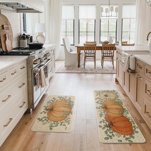 Artoid Mode Pumpkin Eucalyptus Fall Kitchen Mats Set of 2, Home Decor Low-Profile Kitchen Rugs for Floor - 17x29 and 17x47 Inch in Saudi Arabia