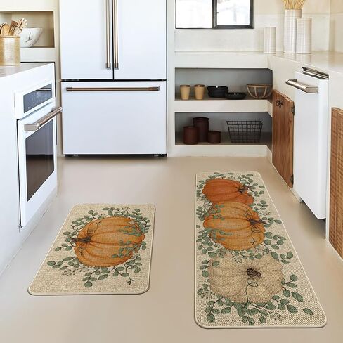 Artoid Mode Pumpkin Eucalyptus Fall Kitchen Mats Set of 2, Home Decor Low-Profile Kitchen Rugs for Floor - 17x29 and 17x47 Inch in Saudi Arabia