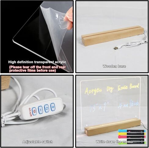 لوحة مسح جافة من الأكريليك مع حامل مضيء مقاس 13 × 9 بوصة لوحة رسائل LED قابلة للتعديل مع 3 أوضاع إضاءة لوحة ملاحظات سطح المكتب واضحة مع 5 علامات مسح جافة للمكتب والمدرسة والمنزل in Kuwait