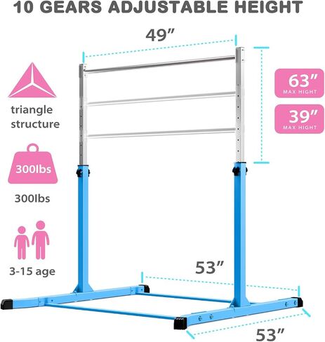 Mosebears Gymnastics Bar,Home Gymnastics Equipment for Kids Ages 3-15,Steady Steel Construction, Anti-Slip, Easy to Assemble, 3' to 5' Adjustable Height in Saudi Arabia