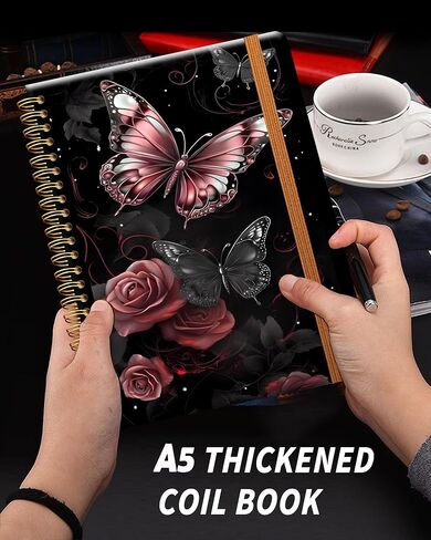 Ruled Spiral Writing Notebook,A5 Hardcover Lined College Journal for Women Lady Girl,Strong Twin-Wire Binding with Premium Paper,8.4" X 6",Perfect for School,Office,Home Gifts(rose gold butterfly) in Kuwait