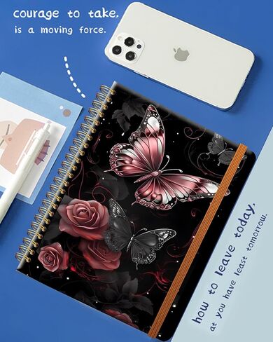 Ruled Spiral Writing Notebook,A5 Hardcover Lined College Journal for Women Lady Girl,Strong Twin-Wire Binding with Premium Paper,8.4" X 6",Perfect for School,Office,Home Gifts(rose gold butterfly) in Kuwait