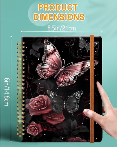 Ruled Spiral Writing Notebook,A5 Hardcover Lined College Journal for Women Lady Girl,Strong Twin-Wire Binding with Premium Paper,8.4" X 6",Perfect for School,Office,Home Gifts(rose gold butterfly) in Kuwait