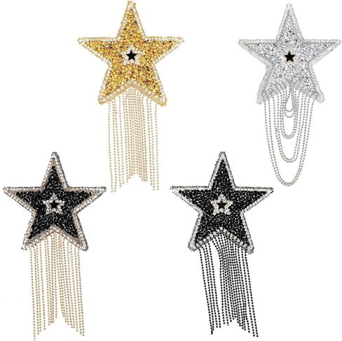 Qianyu 4 Pcs Iron on Applique Star Patches with Glass Beaded Tassel Sew on Sequin Five-Pointed Star Patch with Tassel DIY Repair Sparkling Star Clothes Patches for Clothing Embellishment in Saudi Arabia
