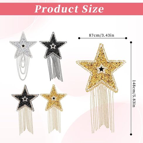 Qianyu 4 Pcs Iron on Applique Star Patches with Glass Beaded Tassel Sew on Sequin Five-Pointed Star Patch with Tassel DIY Repair Sparkling Star Clothes Patches for Clothing Embellishment in Saudi Arabia