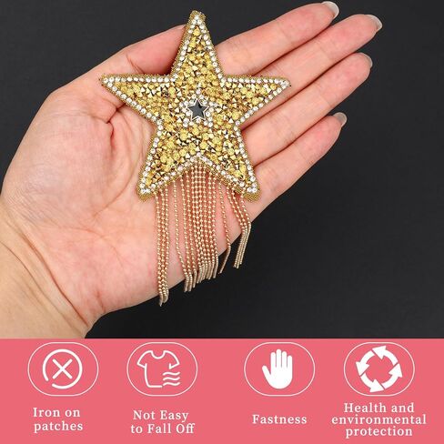 Qianyu 4 Pcs Iron on Applique Star Patches with Glass Beaded Tassel Sew on Sequin Five-Pointed Star Patch with Tassel DIY Repair Sparkling Star Clothes Patches for Clothing Embellishment in Saudi Arabia