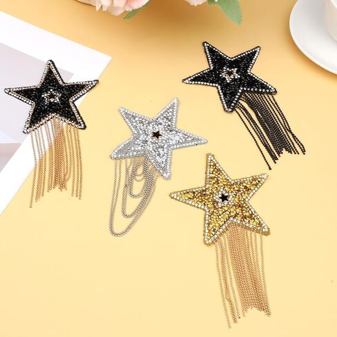 Qianyu 4 Pcs Iron on Applique Star Patches with Glass Beaded Tassel Sew on Sequin Five-Pointed Star Patch with Tassel DIY Repair Sparkling Star Clothes Patches for Clothing Embellishment in Saudi Arabia