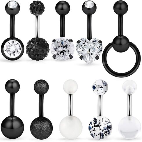 ftovosyo 8-10 قطع 14 جرام تتدلى حلقات زر البطن القصيرة للنساء الفتيات المسمار السرة الحديد واضح تشيكوسلوفاكيا الاكريليك الصلب الجراحية ثقب المجوهرات الجسم in Kuwait