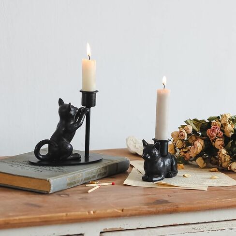 NIKKY HOME Taper Candle Holders, Black Cat Statues Decor, Vintage Rustic Candlesticks Pedestal, Centerpieces Decorations for Fireplace Mantle Dining Table Set of 2 in Saudi Arabia