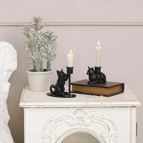 NIKKY HOME Taper Candle Holders, Black Cat Statues Decor, Vintage Rustic Candlesticks Pedestal, Centerpieces Decorations for Fireplace Mantle Dining Table Set of 2 in Saudi Arabia