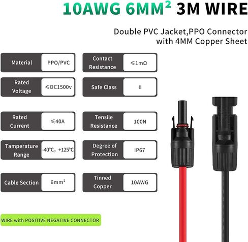 كابل تمديد للطاقة الشمسية 10 أقدام، سلك الألواح الشمسية 10 AWG اتصال احترافي أنثى وذكر موصلات سلك الألواح الشمسية، سلك نحاسي معلب للمنزل قارب RV لوحة شمسية خارجية (أحمر + أسود) in Saudi Arabia