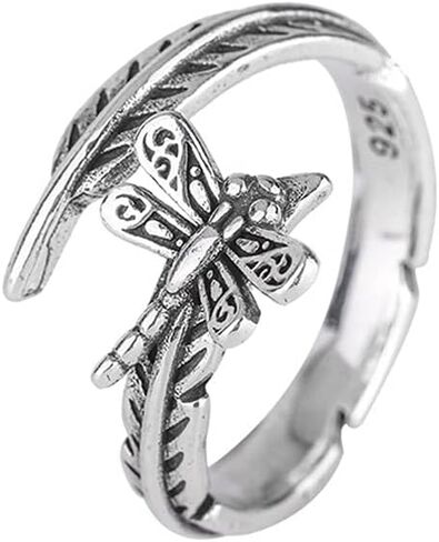 Cute Dragonfly Leaf Open Statement Ring for Women Teen Girls Tiny Small Insect Ajustable Stackable Climber Wrap Finger Band Eternity Promise Engagement Dating Silver Plated Rings Vintage Jewelry in Saudi Arabia
