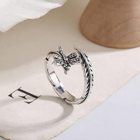 Cute Dragonfly Leaf Open Statement Ring for Women Teen Girls Tiny Small Insect Ajustable Stackable Climber Wrap Finger Band Eternity Promise Engagement Dating Silver Plated Rings Vintage Jewelry in Saudi Arabia