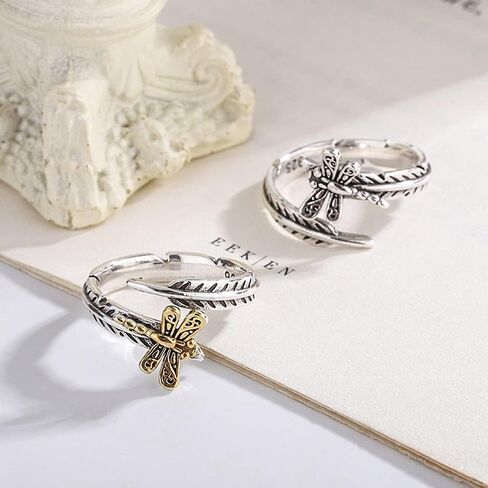 Cute Dragonfly Leaf Open Statement Ring for Women Teen Girls Tiny Small Insect Ajustable Stackable Climber Wrap Finger Band Eternity Promise Engagement Dating Silver Plated Rings Vintage Jewelry in Saudi Arabia