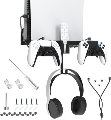 حامل حائط لجهاز PS5 Playstation 5 (القرص والإصدار الرقمي) مع حامل وحدة التحكم وشماعة سماعة الرأس، طقم تثبيت جداري رفيع لجهاز PS5 مع ملحقات PS5 رفيعة بفتحة تهوية (أسود) in Kuwait
