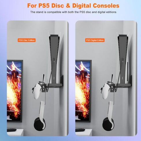 حامل حائط لجهاز PS5 Playstation 5 (القرص والإصدار الرقمي) مع حامل وحدة التحكم وشماعة سماعة الرأس، طقم تثبيت جداري رفيع لجهاز PS5 مع ملحقات PS5 رفيعة بفتحة تهوية (أسود) in Kuwait