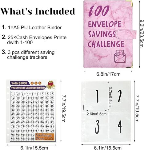 100 مغلف تحدي توفير المال، لتوفير 500 دولار، 5050 و10000 دولار، ملف توفير المال A5 مع مظاريف نقدية، 100 يوم، 52 أسبوعًا و30 يومًا، مخطط الميزانية لتوفير المال in Kuwait