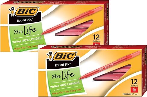 عبوتان من 12 قلم حبر كروي مستدير Stic Xtra Life من BIC، نقطة متوسطة حمراء (1.0 ملم) in Saudi Arabia