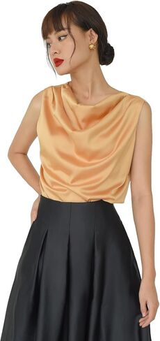 Women Regular Fit Cowl Neck Draped Sleeveless Silk Satin Blouse in Saudi Arabia