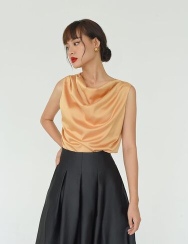 Women Regular Fit Cowl Neck Draped Sleeveless Silk Satin Blouse in Saudi Arabia