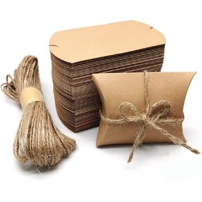 Kraft Paper Pillow Candy Box, Foldable Gift Box with Jute Rope for Weddings, Parties, Birthdays, Holidays, 60 Pcs