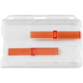 Rigid Horizontal Two Card ID Badge Holder with Double Red Extractor Slider - Clear Hard Plastic Double Sided 2 Card Protector with Easy to Slide Dispenser for Office Key Cards by Specialist ID