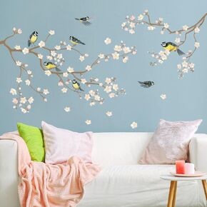3D Blue Plum Blossom Wall Decals Peach Flowers Blossom Tree Branches Wall Stickers DIY Removable Chinese Style Floral Birds Petals Wall Decor for Bedroom Living Room Office Home Decoration DT-4989