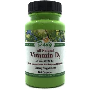Daily Manufacturing Vitamin D3 1000 IU (25 mcg, Non-GMO & Certified Kosher) 100 Vegetarian Capsules