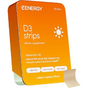 ZENERGY D3 Oral Strips - Raspberry Flavor | 800 IU Vitamin D3 + 120mcg Vitamin K | 100% Vegan, 0 Sugar, 0 Calories, 0 Gluten, 0 Aspartame, Non-GMO, Plant-Based, Instant Action | 1 Tin = 30 Strips
