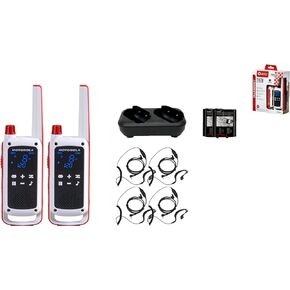 Motorola Solutions Talkabout Portable Red Cross FRS T478 Two Way Radio 2 Pack Walkie Talkies White/Red 22 Channels 4 PTT Earpieces Dual Chargers Emergency Preparedness