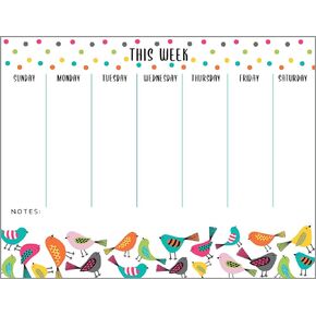 Weekly Calendar Planner Note Pad - Bright Birds with Attachable Magnet