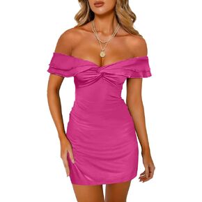 Women's Twist Knot Front Off The Shoulder Ruffle Mini Dress Summer Cocktail Dresses