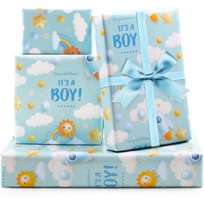 It's a Boy Gift Wrapping Paper for Newborn baby boy Kids,7 Sheets Light Blue Gift Wrap Paper Folded Flat 20x28 inches per Sheet with Ribbon for Baby Shower Birthday Celebration Wrap