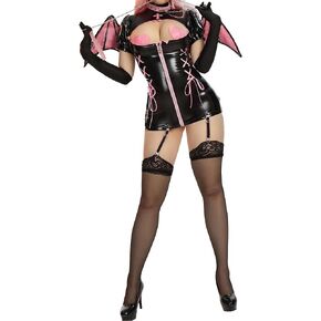 Womens Black Pink Pu Leather Lingerie Suit Bat Style Catsuit Cutout Bodycon Nurse Costume with Gloves