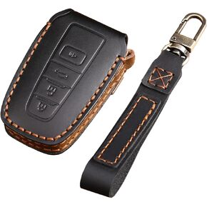 Key Fob Cover Fit for Toyota with Keychain, Pure Leather Handmade Key Fob Cover Case Suit for Toyota Camry Highlander RAV4 Avalon (4 Buttons only for Keyless go) Black