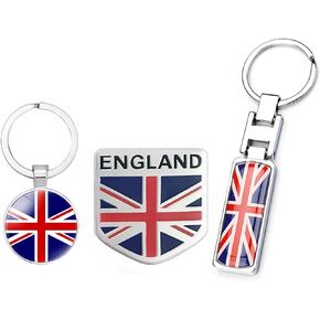 2Pcs Great Britain Flag Design Car Keychain UK Union Jack Color Stripe Chrome Badge Keychains Ring and 1Pcs Embossed 3D Metal Britain Flag Emblem Decal Stickers