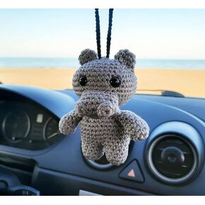 Hippopotamus Handmade Crochet Car Rear View Mirror Holder, Hanging Accessories Ornaments Cute Charm Decor, A Gift for Hippopotamus Lovers.