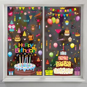4 Sheet Happy Birthday Window Clings Watercolor Birthday Cake Balloon Double-Sided Designs Window Stickers Reusable Happy Birthday Static Stickers for Boys Girls Birthday Party Decorations Supplies