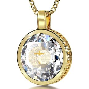 Gold Plated Christian Crucifix Necklace with Psalm 91 24k Gold Inscribed on Cubic Zirconia Pendant, 18" Gold Filled -