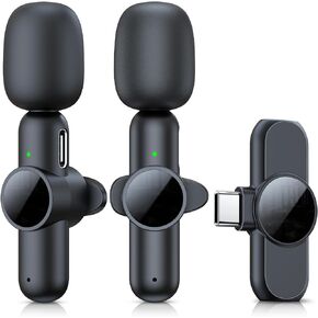 USB C Wireless Microphone for iPhone 15/Android Phone, 2 Pack Lavalier Microphone Plug-Play, Mini Microphone Clip on Lapel Mic for Video Recording, Interview, YouTube, TikTok