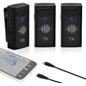 Wireless Microphone for iPhone - iPhone Microphone for Video Recording with Clip on Microphone for iPhone Built-in Mic on Dual TX and RX, Wireless Mic for iPhone for Vlog TikTok YouTube