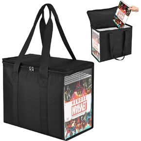 Comic Book Storage Tote, 600D Collapsible Comic Book Case for 160-180 Comics, Comic Book Box Holder with Carrying Handles & Clear Window, Comic Book Bin Container Holder, 15.35''X7.5''X12.2'' (Black)